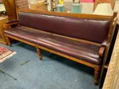 A late 19th century oak framed upholstered bench L 245 cm
