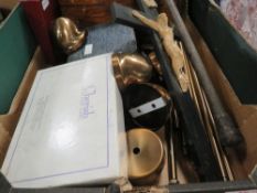 A tray of assorted sundries to include walnut style workbox, riding crop etc.