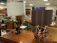 Two modern copper effect table lamps and shades