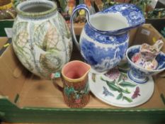 A large Denby vase together with a blue and white jug etc