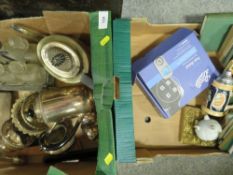 Two trays of collectables to include a tray of assorted metalware etc