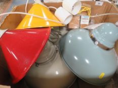 A box containing two unused enamel style lamps, plus two similar shades & a clock
