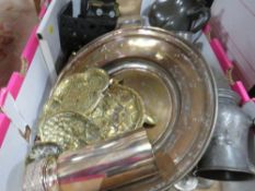 A tray of assorted metalware to include modern cast metal steam train bookends