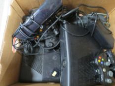 A box of Xbox 360 controllers, connects etc
