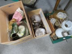 Three trays of assorted sundries to include a jug and bowl and vintage light fittings