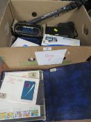 A box of assorted cameras, binoculars etc. plus a small quantity of first day covers