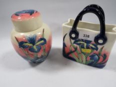 Two items of iris pattern Old Tuptonware comprising tote bag and ginger jar