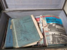 A vintage leather case A/F containing vintage engineering magazines etc