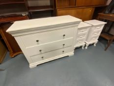 A modern white three drawer chest W 100 cm together with two bedside cabinets. (3)