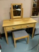A modern oak two drawer side table with mirror and a stool W 110 cm