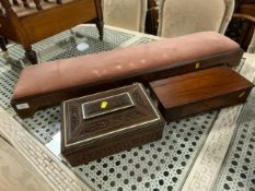 An antique walnut inlaid long stool together with a carved eastern style box and a mahogany box. (3)