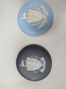 Two small circular Wedgwood plaques with the Hanley town crest - the blue jasper ware example for