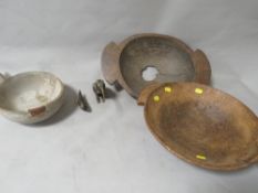 Three 19th century treen bowls - one date 1811 - 1841, a carved stone bird and an Egyptian painted