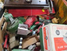 A tray of vintage play worn diecast vehicles to include a boxed Dinky 561 Blaw Knox Bulldozer,