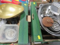 Two trays of kitchenalia etc to include kitchen scales, boxed cutlery etc.