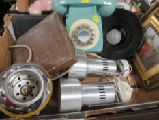 A tray of collectables to include a retro swivel spotlight etc