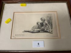 A small framed Rembrandt style engraving 10.5 x 18 cm
