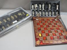 Metal chess set and board, chess pieces in the shape of medieval knights
