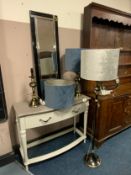 A modern standard lamp with two matching table lamps and a rectangular mirror. (4)