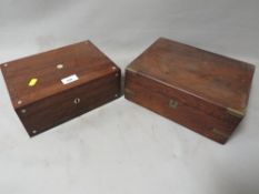 An antique brass bound writing slope together with in inlaid wooden box (2)