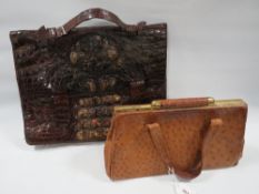Two vintage handbags, comprising an ostrich and an alligator example