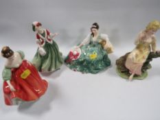 Three Royal Doulton figurines to include 'Fair Lady Red', together with a studio pottery figurine (