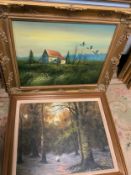 Four oil on canvas paintings to include an Alpine scene. (4)