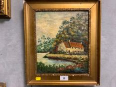 An impressionist lake scene with a house oil on canvas 30 x 25 cm