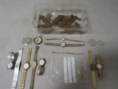 A box of watches, coins and medals etc