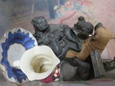 A tray of animal figures etc to include a pair of horse bookends