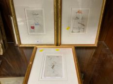 A set of three framed humorous engravings depicting a wine connoisseur together with four smaller