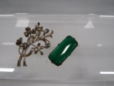 A rectangle jade gold mounted brooch together with a floral silver marcasite example