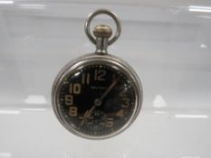 A Waltham black faced military pocket watch with crows foot to back