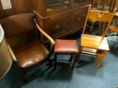 A pine metamorphic chair together with an oak stool and an oak arm chair. (3)