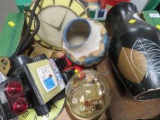 A tray of collectables to include a vintage Junghans wall clock, Royal Doulton Lambeth vase A/F