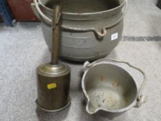 A cast metal cauldron together with a cast metal crucible and a metal meat jack (3)