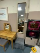 A modern upholstered cube stool and a rectangular mirror. (2)