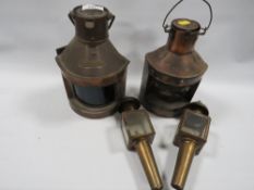 A small pair of ships lanterns together with a small pair of coaching style lanterns (4)
