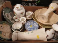 Three trays of assorted ceramics to include Royal Albert Old Country Roses, Belleek, Poole vase,