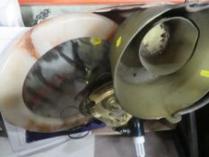 A tray of assorted collectables to include a brass jam pan