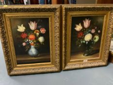 Jane Piper - A pair of gilt framed contemporary oil on boards depicting still life flowers in