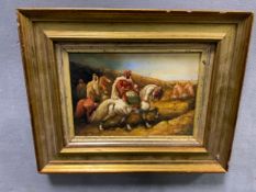 A small oil on board depicting an Arab on horseback 12 x 17 cm
