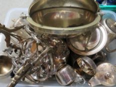A tray of silver plated ware to include a bacon dish & spirit kettle with stand A/F