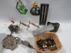 A tray of collectables to include a vintage bicycle lantern, Parker pens, Royal Brierley atomiser