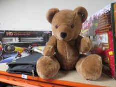 A boxed HD new generation microscope and telescope set together with a toy train and a teddy bear