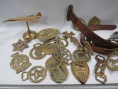 A tray of brass items to include horse brasses on military marked leather straps, Concord on a