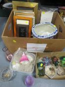 A tray of collectables etc to include Waterford crystal photo frame by Jasper Conran, Coalport