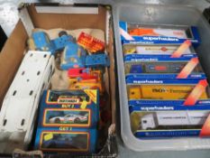 Two trays of vintage toys to include boxed Super Haulers Corgi trucks, Corgi circus vehicles etc. (