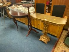 A gilt console table together with a half moon table and a plant stand. (3)