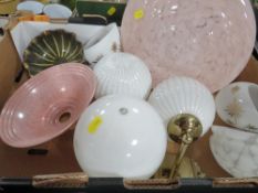 A tray of assorted vintage glass light shades etc.